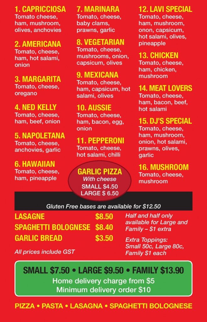 Menu DJ's Pizza